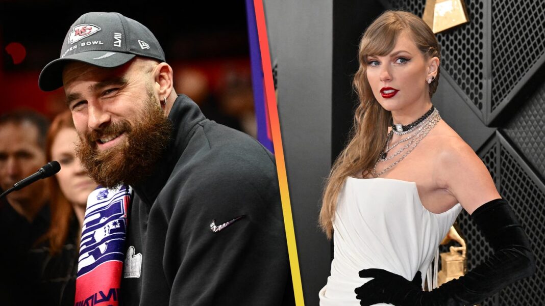 Travis Kelce Reacts to Taylor Swift's 2024 GRAMMYs Red Carpet Look